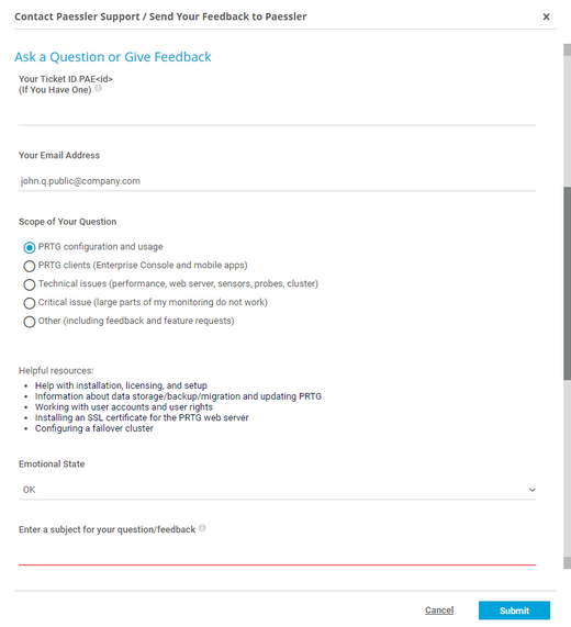 Contact the Paessler Support or Send Feedback