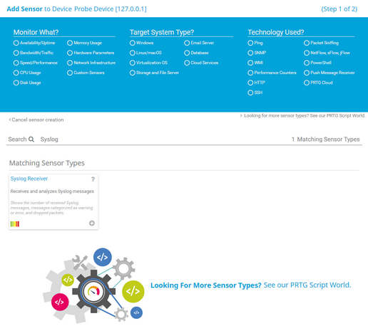 Syslog Receiver Sensor in the Add Sensor Dialog