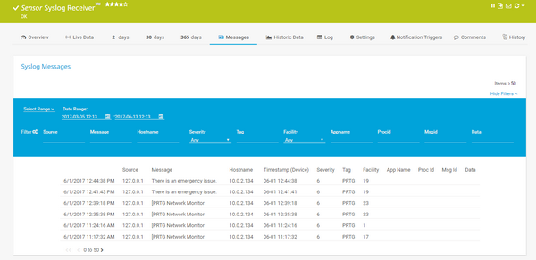 Received Syslogs on the Messages Tab