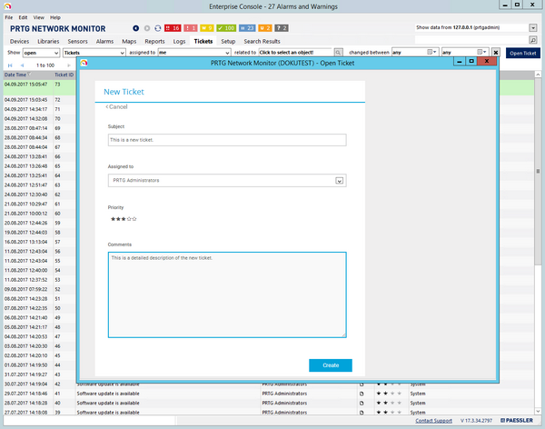Open Ticket Dialog in PRTG Enterprise Console Open Ticket Dialog in PRTG Enterprise Console